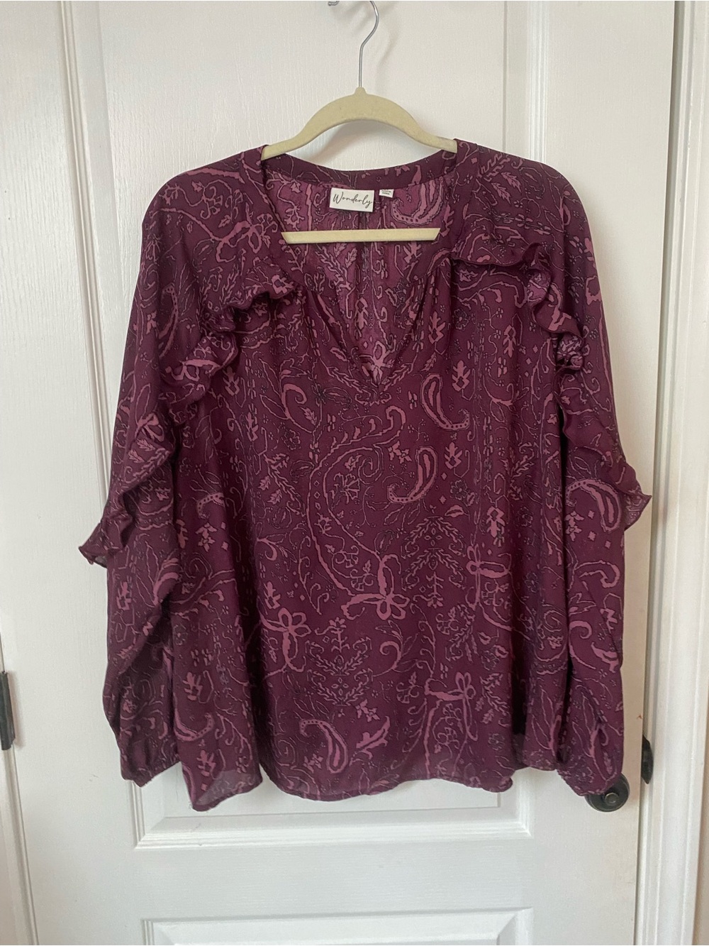 Wonderly Plum Paisley Ruffle V-Neck Blouse